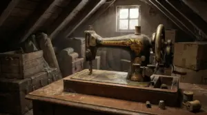 Vecchia macchina da cucire Singer in una soffitta polverosa con oggetti d’epoca attorno