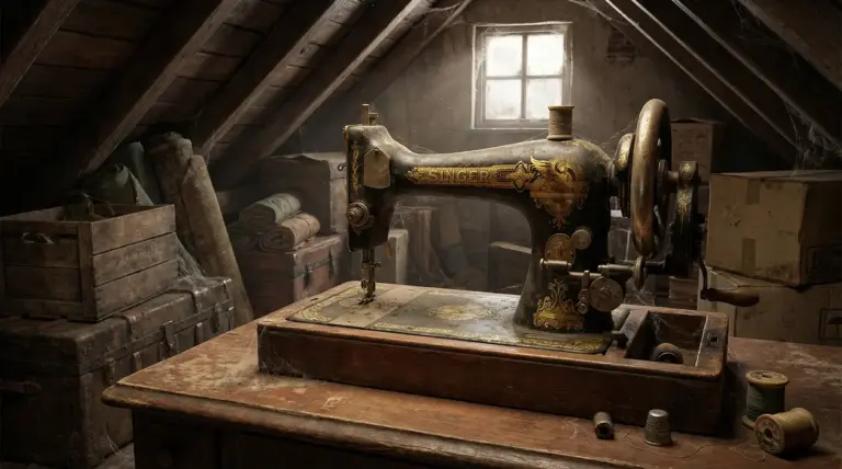 Vecchia macchina da cucire Singer in una soffitta polverosa con oggetti d’epoca attorno