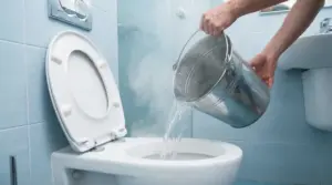 Una persona versa acqua calda da un secchio in una toilette in un bagno moderno