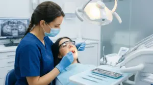 Una persona riceve un controllo dentistico in uno studio odontoiatrico moderno