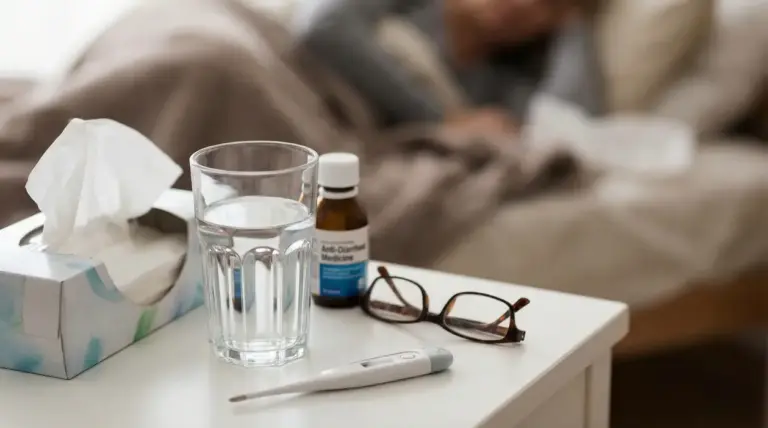 Bicchiere d'acqua, medicine e termometro su un comodino accanto a una persona a letto